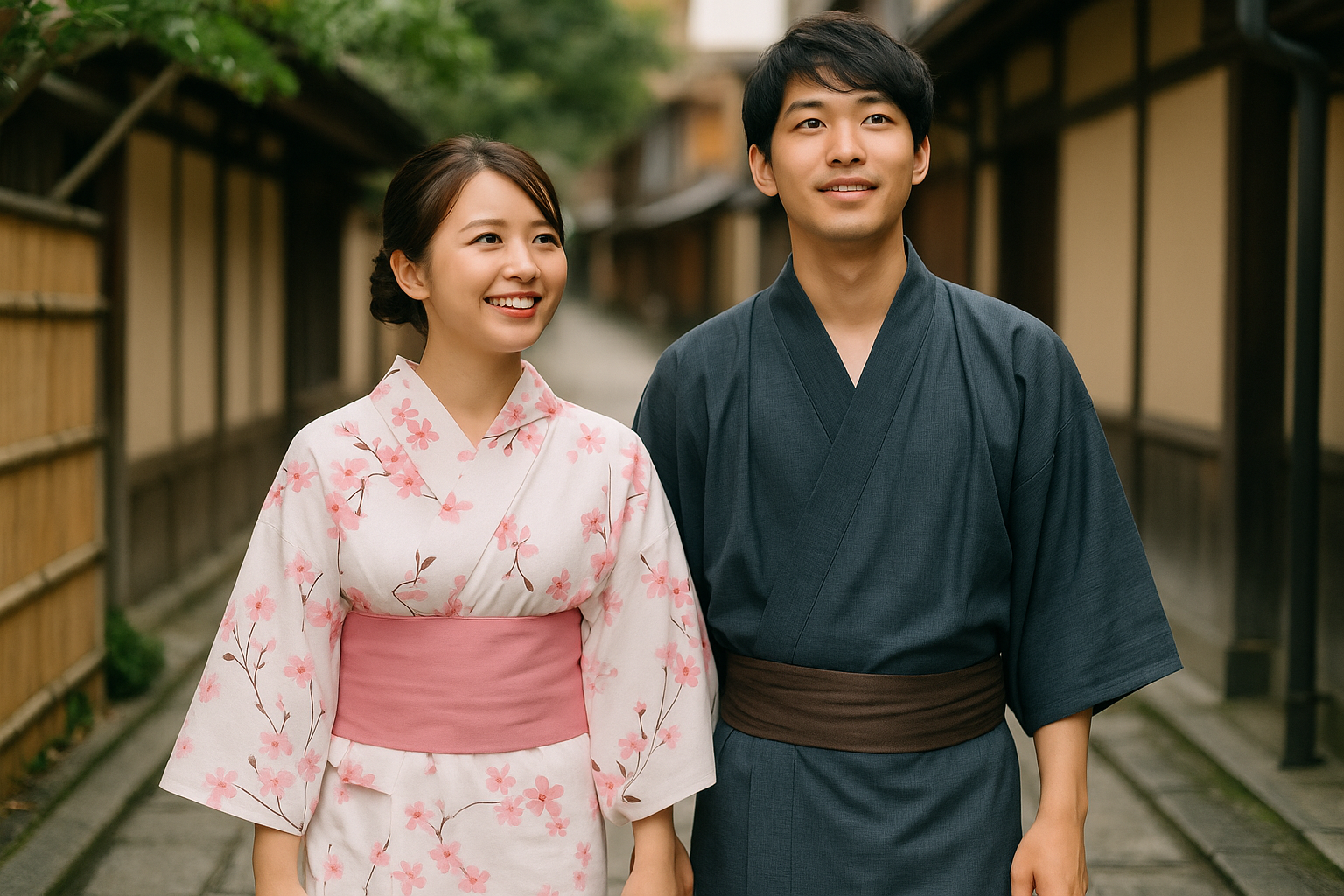 温泉街を浴衣で散歩する20代日本人カップルの写真。女性は桜柄の白い浴衣、男性は紺色の浴衣を着用し、仲良く並んで歩く姿。温泉デートや日帰り旅行の記事に最適なイメージ。 