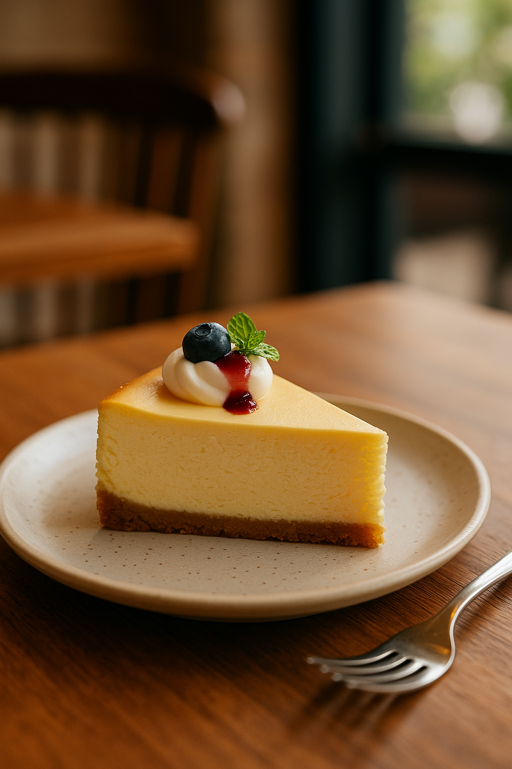 カフェ風の温かみのある空間に置かれた、断面が美しいベイクドチーズケーキの盛り付け写真。クリーミーなチーズケーキが白い皿にのせられ、ブルーベリーとミントを添えて提供されている。