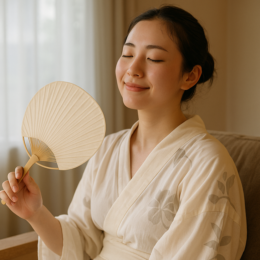 浴衣姿の20代日本人女性がお風呂上がりに椅子に座り、うちわで涼みながらリラックスしている様子。温泉や旅館での湯上がり時間を楽しむ姿を表現した写真。 