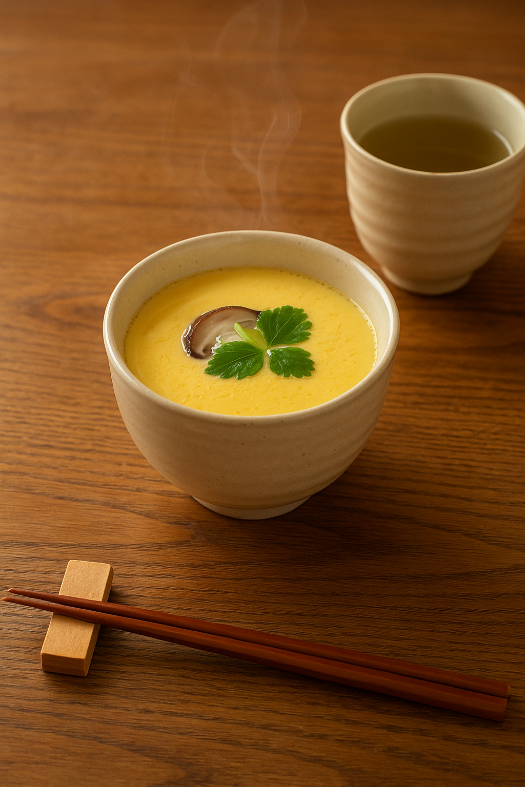 湯気が立つできたての茶碗蒸しを和風の陶器に盛り付け、三つ葉と椎茸をトッピングした完成写真。横には湯呑みに注がれた日本茶と、木製の箸と箸置きが添えられた優しい雰囲気の食卓。茶碗蒸しのレシピ、器の代用、和食の盛り付け例を紹介する場面に最適。