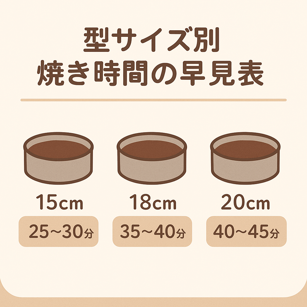 ガトーショコラの型サイズ別焼き時間を比較した早見表イラスト。15cm・18cm・20cmのケーキ型それぞれに適した焼き時間（25〜45分）をやさしいデザインで視覚的に解説した初心者向けガイド画像。