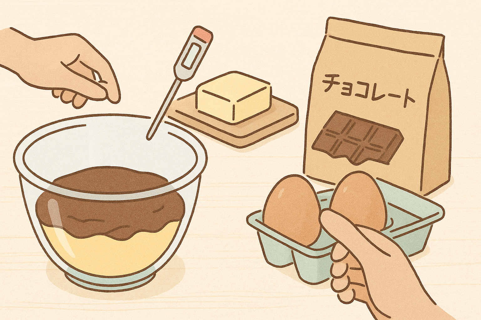 ガトーショコラ作りの下準備として、チョコレート・バター・卵などの材料を室温に戻しながら混ぜている工程を描いた手描き風イラスト。初心者向けレシピ解説記事に適した視覚サポート用画像。