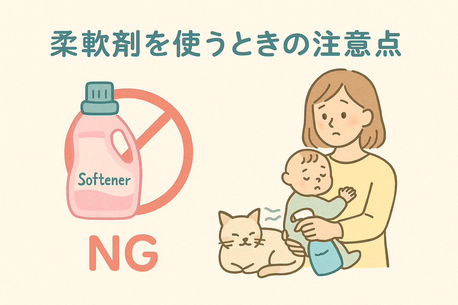 「NG」マーク付きの柔軟剤原液や、ペットや赤ちゃんのいる家庭のイラスト