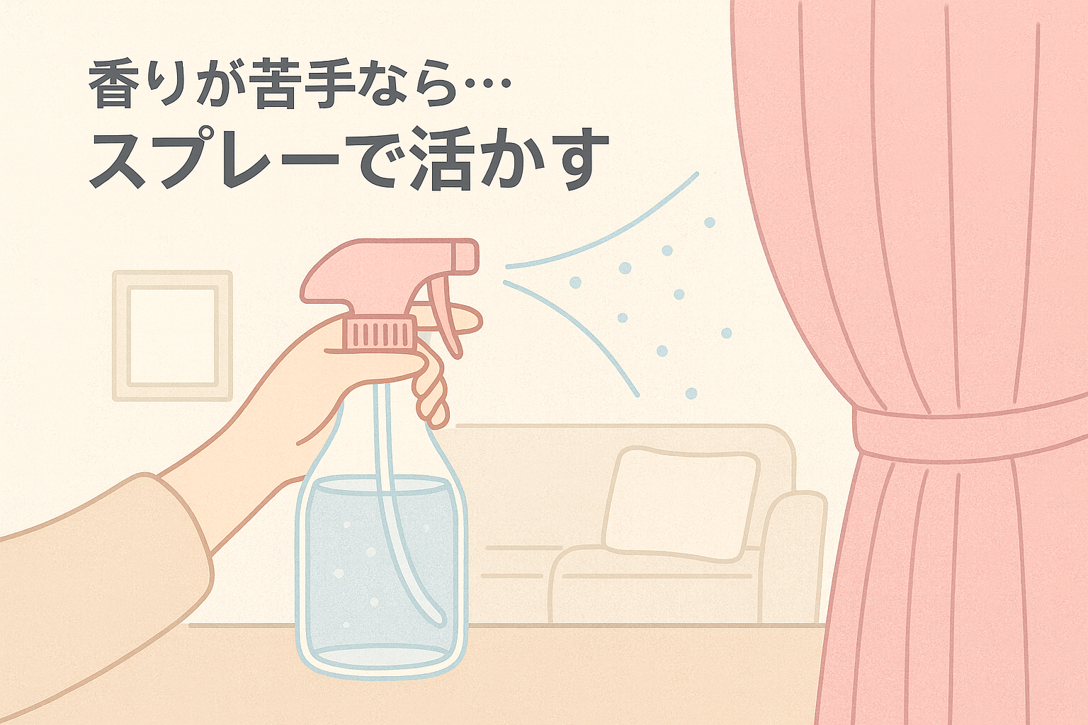 ピンクのカーテンに柔軟剤をスプレーする手元のイラスト。パステルカラーで描かれたリビング背景と共に『香りが苦手なら…スプレーで活かす』の文字が添えられた柔軟剤再活用アイデア紹介用の画像