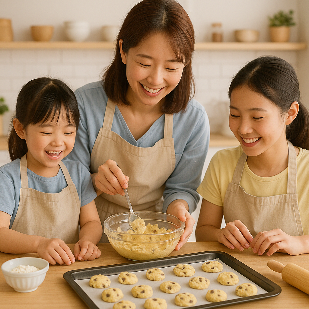 日本人の母親と子どもが自宅のキッチンでクッキー作りを楽しむ様子。エプロン姿で笑顔を見せながら生地を並べる家庭的な料理シーン。