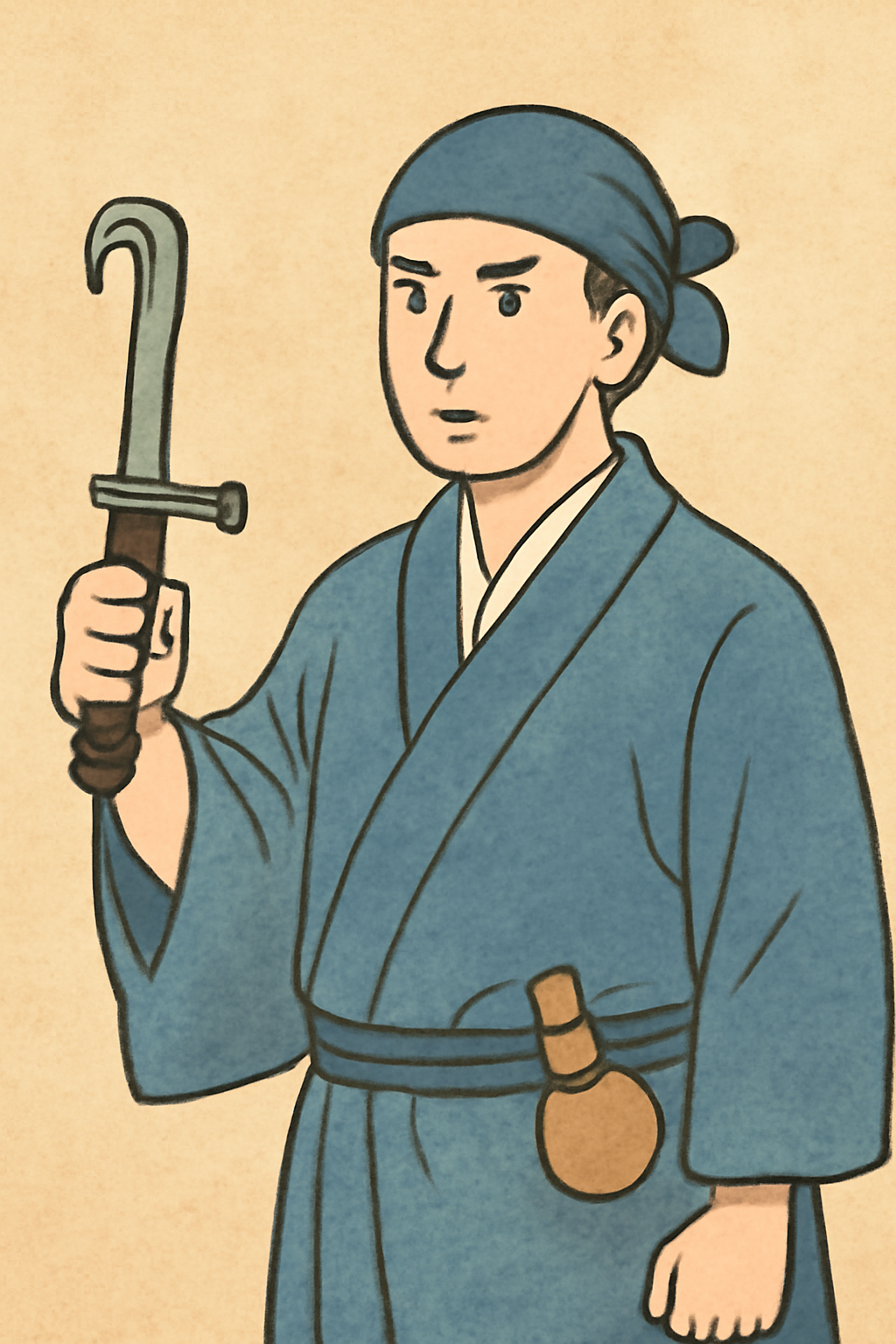 江戸時代の岡っ引きを描いたイラスト。青い着物と頭巾を身につけ、十手を手に構える男性が、穏やかな和紙風の背景に立つ。伝統的な治安維持役としての姿勢を表現した和風イラスト。