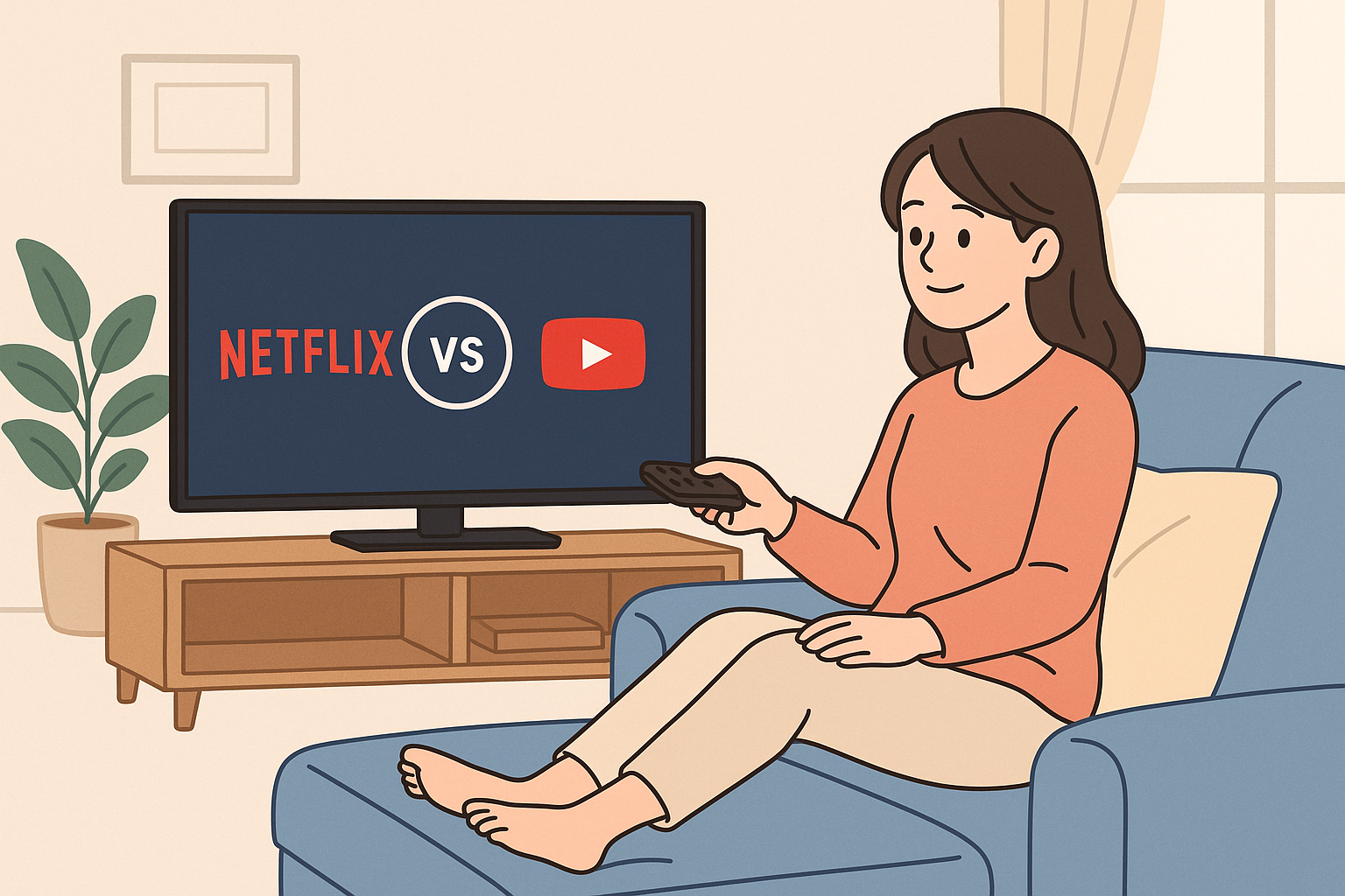 リビングのソファでくつろぎながらNetflixやYouTubeをテレビで視聴する日本人女性のイラスト。32インチのネット動画対応テレビを操作し、リモコンを手に笑顔で楽しんでいる様子が描かれている。初心者向けテレビ比較記事に適したやさしい雰囲気のビジュアル。