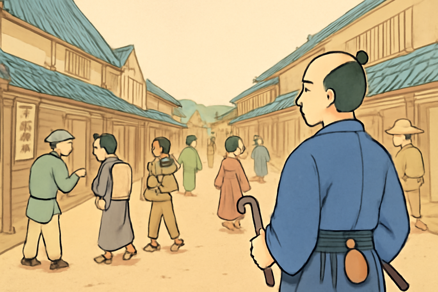江戸時代の町並みを背景に、十手を持った岡っ引きが町の様子を見守っているイラスト。青い瓦屋根の木造建築が並ぶ通りを、着物姿の町人たちが行き交い、平和な日常風景が描かれている。
