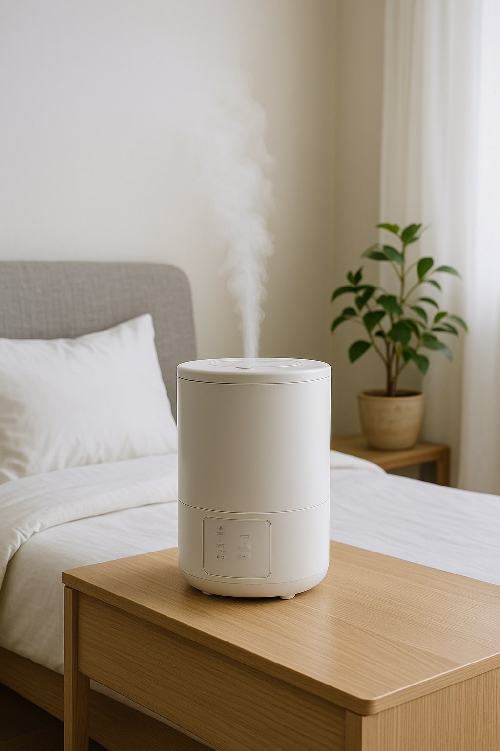 象印のスチーム式加湿器EE-DE50を寝室に設置した使用イメージ写真。木製テーブルの上に置かれ、湯気が静かに立ち上る様子が清潔感のあるインテリアと調和している。