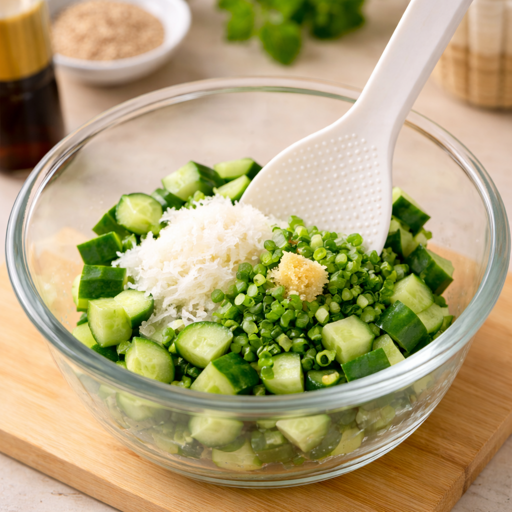 おろし金がない時の代用品として、しゃもじと野菜を使う方法を紹介するための、調理前後の野菜としゃもじを並べた清潔感のあるキッチンの写真