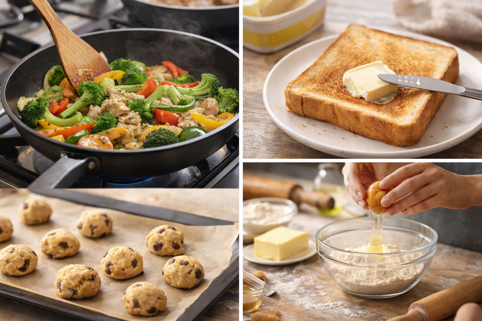 フライパンで炒め物を調理している様子、バターをのせたトースト、クッキー生地を作るお菓子作りの工程を並べた、料理シーン別のイメージ画像。