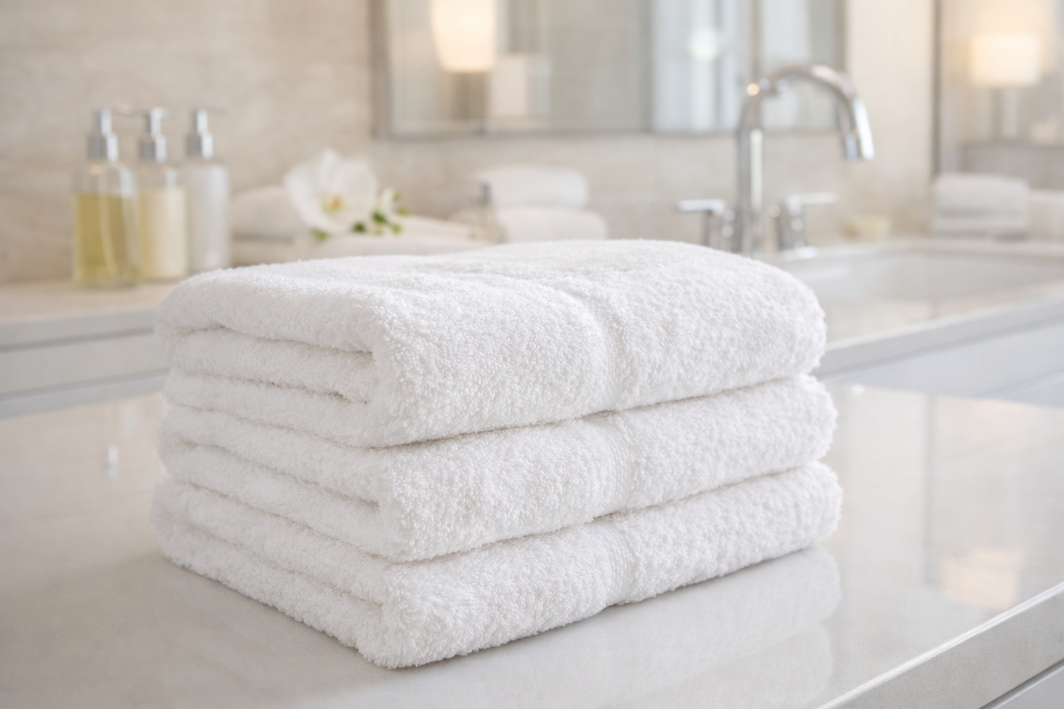 清潔感のあるバスルームにきれいに重ねられたホテル風の白いタオルのイメージ