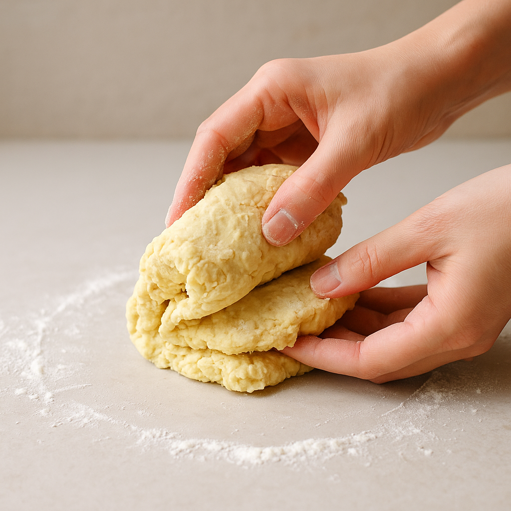 スコーン生地を手で軽く折りたたむ工程を撮影した写真。粉をふった作業台の上で、生地に層を作るために優しく折り重ねている様子がわかる、しっとりスコーンの作り方解説用の画像。