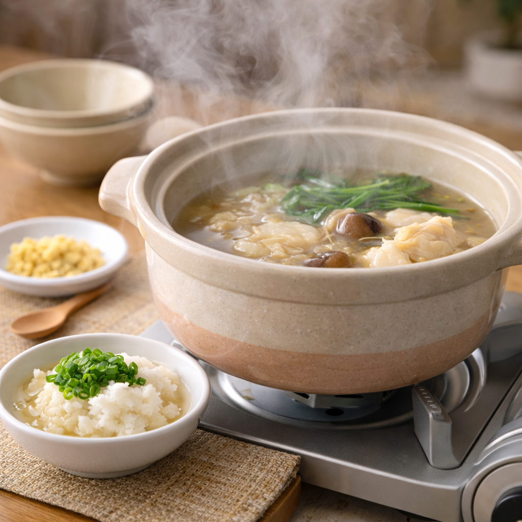 おろし金がない時の代用品で用意した大根おろしの薬味を添えた、湯気の立つ鍋料理の様子がわかる家庭的で温かみのある食卓風景