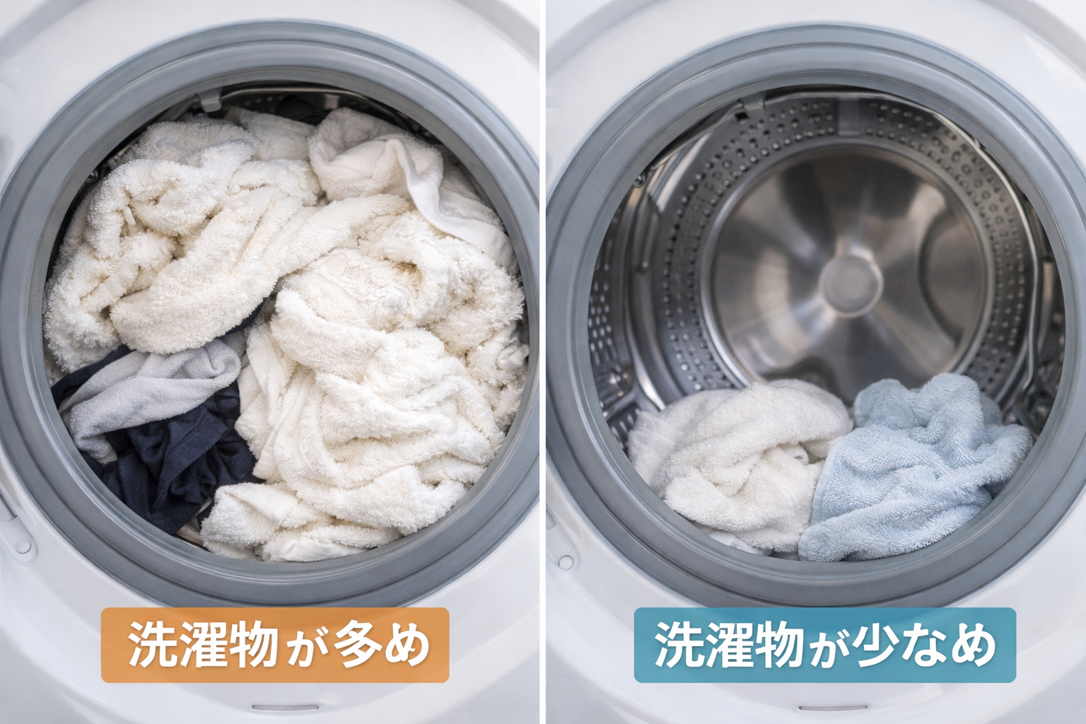 洗濯機の中に洗濯物が多く詰め込まれている状態と少なめで余裕がある状態を比較したイメージ