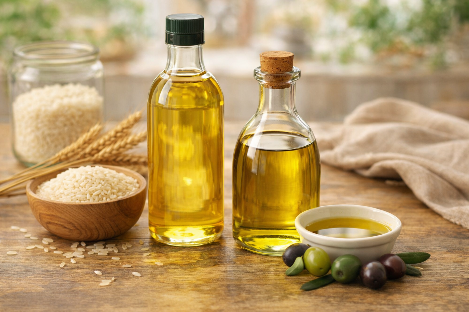 米油とオリーブオイルを並べた落ち着いた雰囲気の写真。木製テーブルの上にボトルとオリーブ、米粒が配置され、ヘルシーなバター代用品をイメージした調理前の風景。