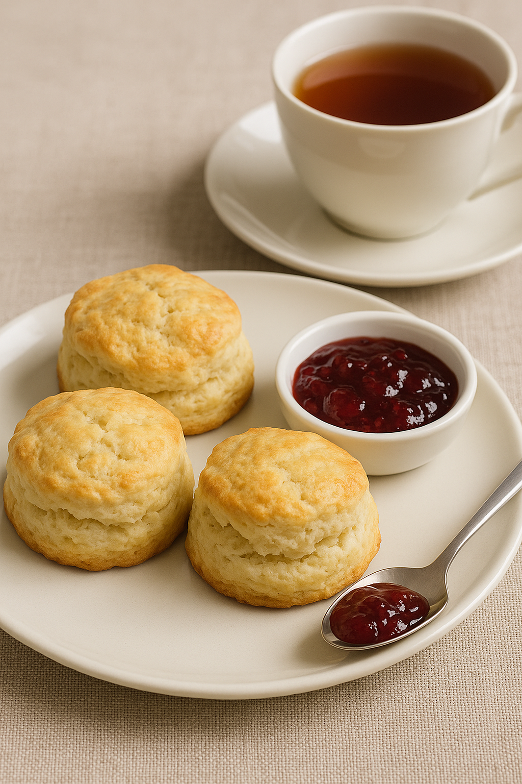 ジャムを添えた焼きたてスコーンと紅茶を並べたティータイムの写真。ふんわり食感のスコーンとラズベリージャム、香り高い紅茶が映る、スコーンレシピ紹介記事向けのイメージ画像。
