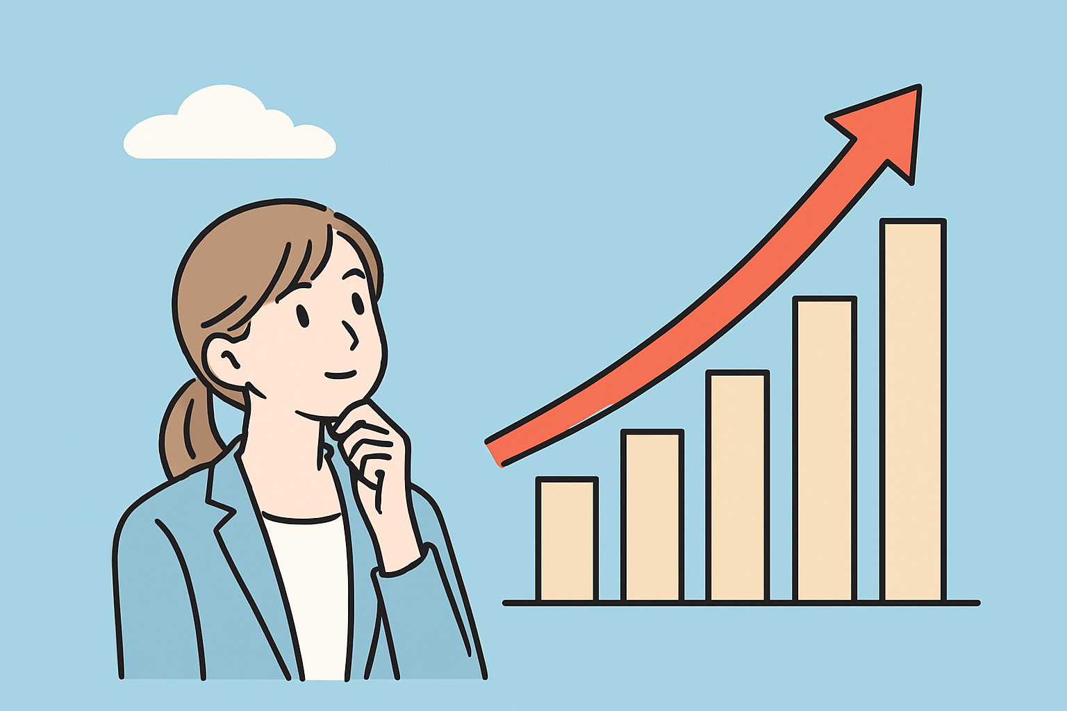 ビジネススーツを着た女性が、右肩上がりに伸びる棒グラフと赤い上昇矢印を見つめているイラスト。成長や利益アップ、売上向上をイメージした図。