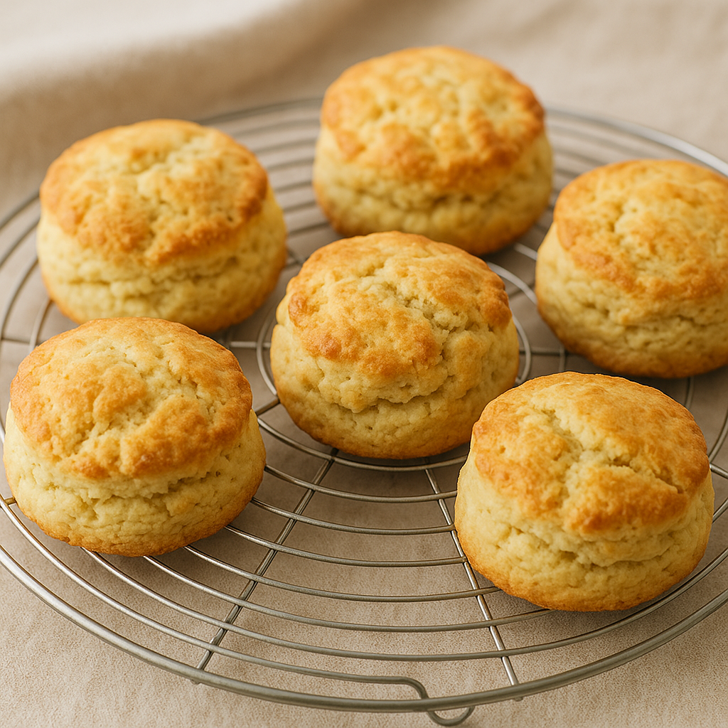 焼きたての甘さ控えめしっとりスコーンが網の上に並んでいる写真。ふっくらとした焼き色と手作り感のある質感がわかる、スコーンレシピ紹介記事用のイメージ画像。