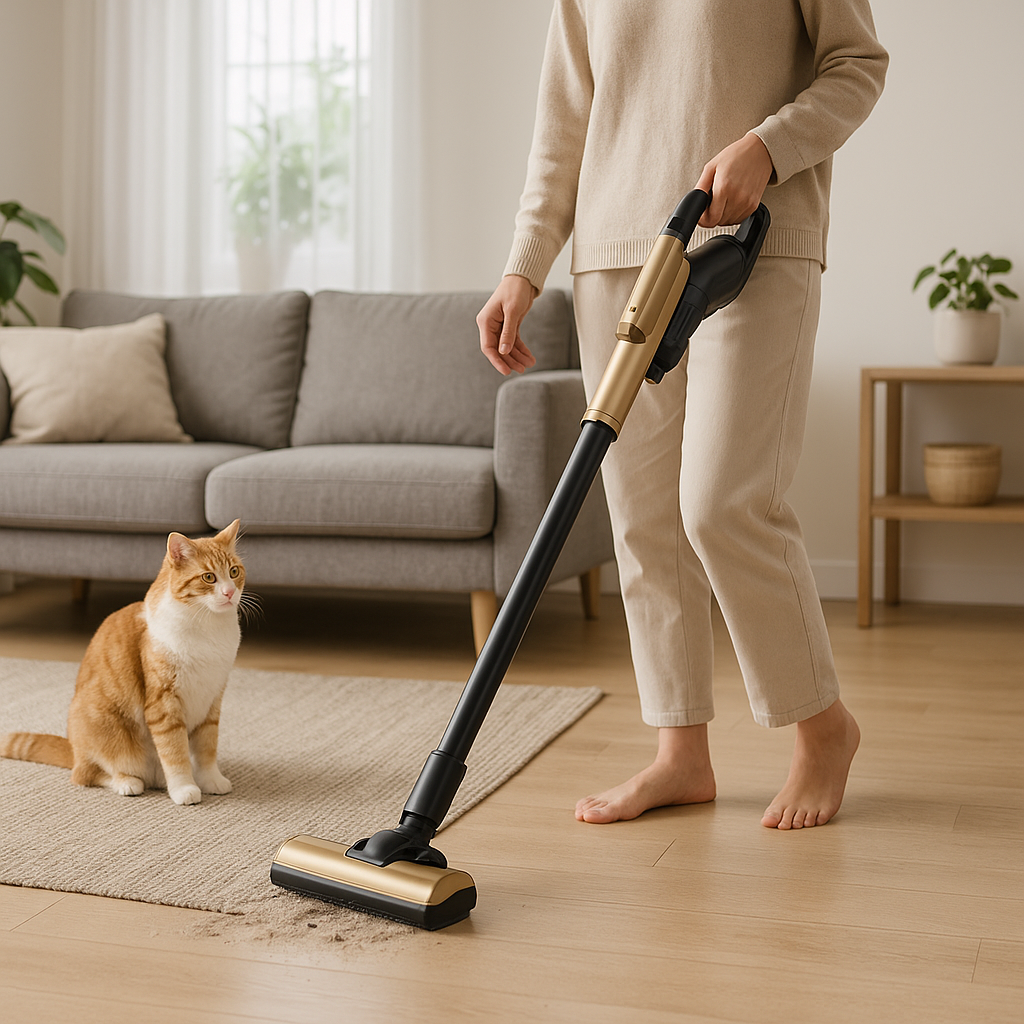 ペット（猫）のいるリビングで、女性がコードレス掃除機を使って床のホコリや毛を掃除している様子を撮影した画像。猫の抜け毛対策として掃除機をかけているシーンを表す写真。