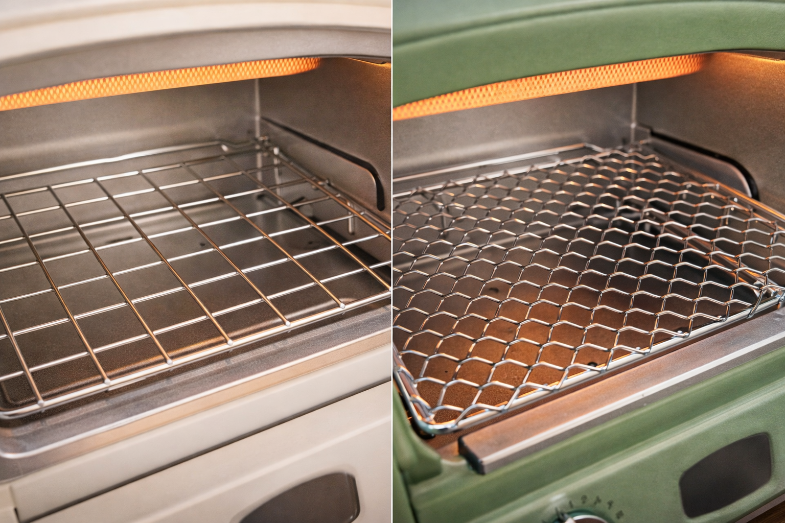 アラジングラファイトトースターの庫内をアップで撮影した比較画像。左はAET-G13Bの焼き網、右はAGT-G13Aの焼き網で、網の形状や構造の違いがわかる。