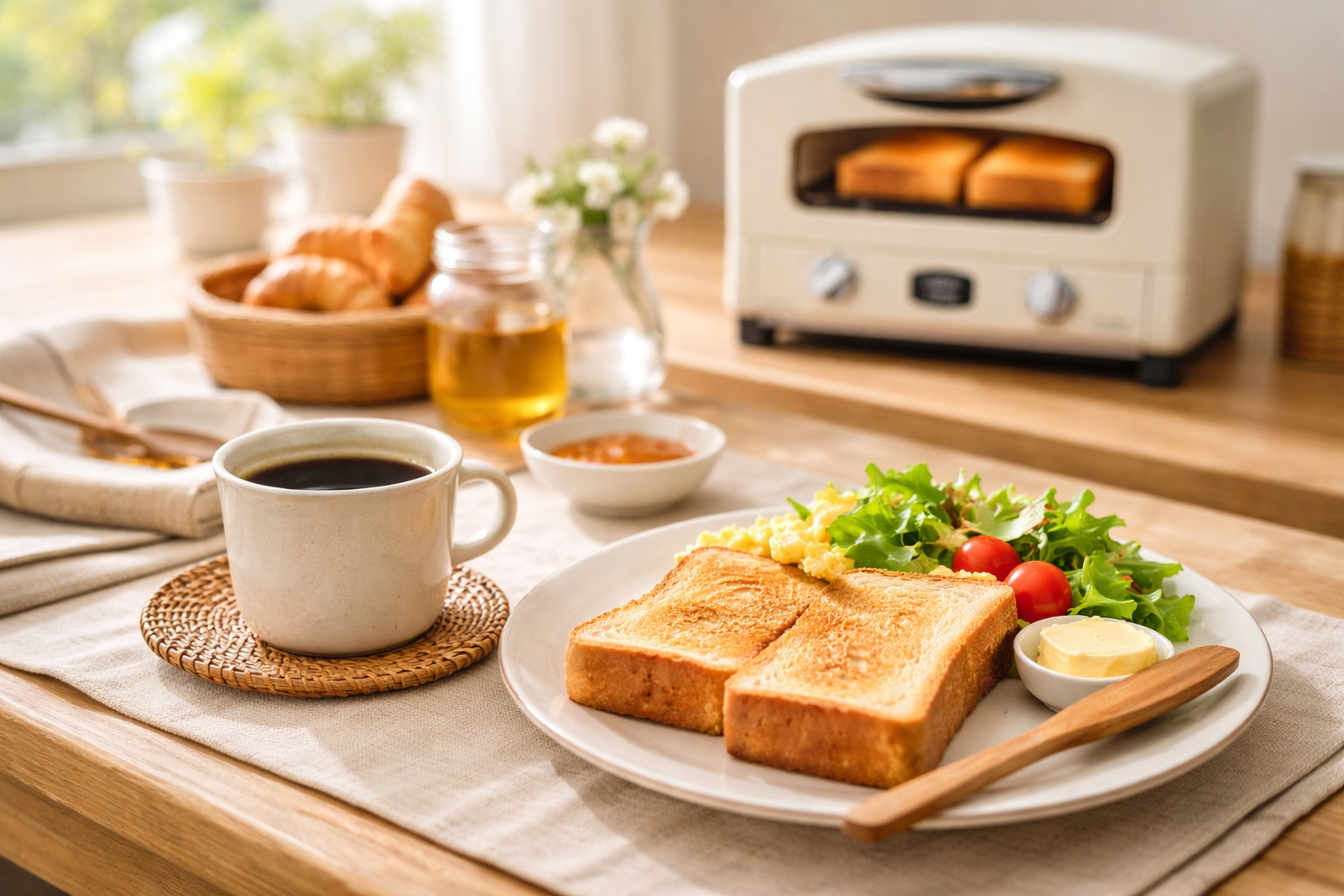 焼きたてのトーストとコーヒーを並べた朝食シーンの画像。木製テーブルの上にナチュラルな食器が並び、背景にはアラジンのトースターが置かれた落ち着いた雰囲気のキッチン。