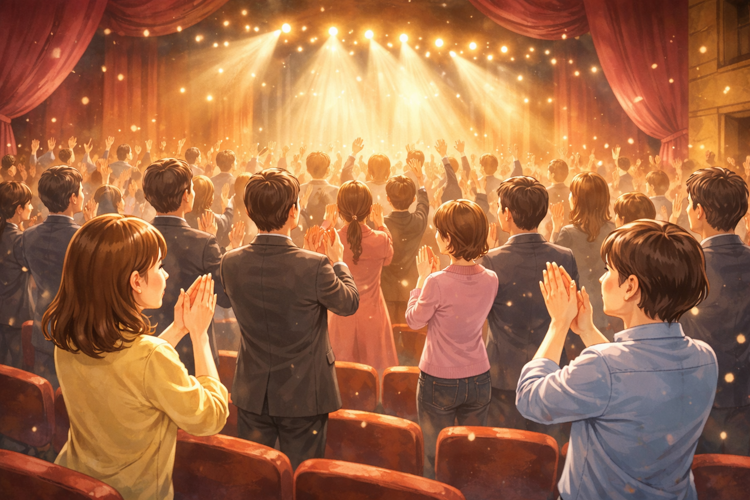 劇場で観客が立ち上がり、舞台に向かって拍手を送っているスタンディングオベーションの様子を描いたイメージイラスト。スタンディングオベーションの意味やマナーを解説する記事用の画像。