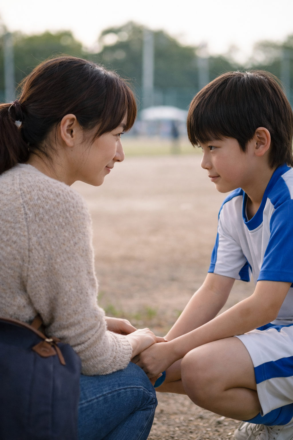 試合前、目線を合わせながら静かに言葉を交わす親子の様子。プレッシャーをかけず、そっと応援する気持ちを表したイメージ。
