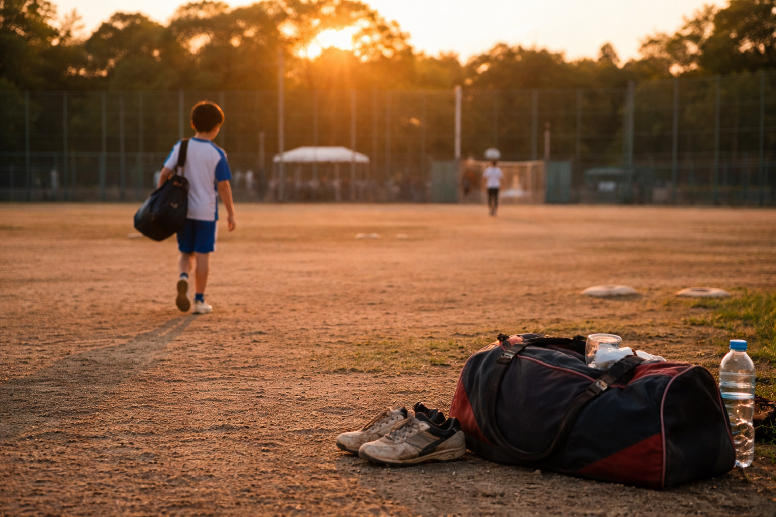 試合が終わった夕方のグラウンド。夕日に照らされる中、荷物と靴が置かれ、選手が静かに帰っていく様子を表したイメージ。