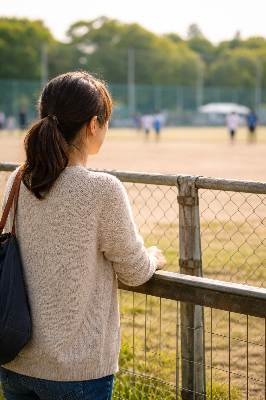 試合会場の外で、競技が始まるのを静かに待ちながら見守る親の後ろ姿。声をかけずに応援する気持ちを表したイメージ。